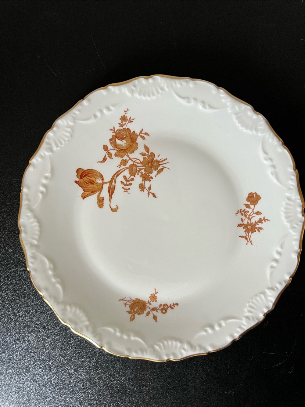 Vintage Limoges White Bone China Lunch Plate with Gold Flowers and Rim